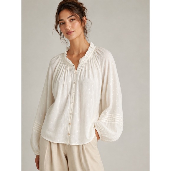 Anthropologie Tops - Cleobella Anthropologie Women Boho Ruffle Neck Balloon Sleeve Blouse M White